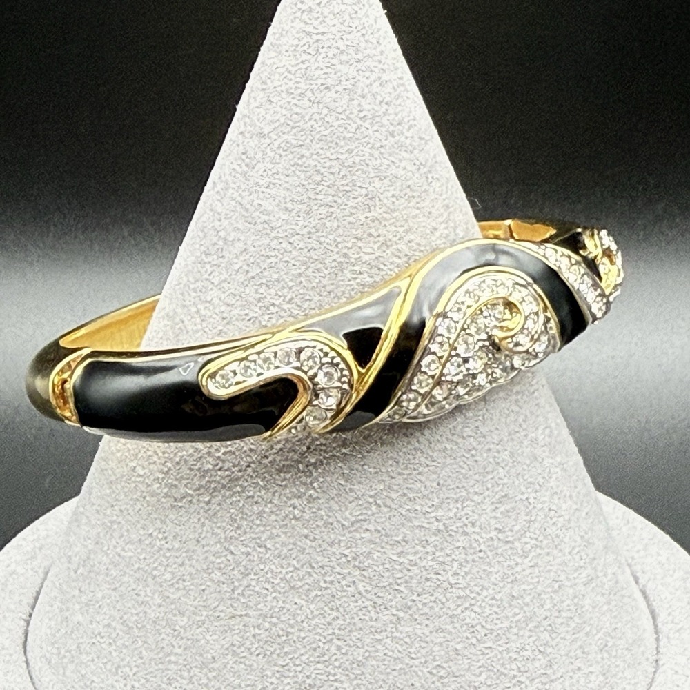 Vintage Napier Gold Tone Black Enamel Pavé Crystal Rhinestone Bangle Bracelet